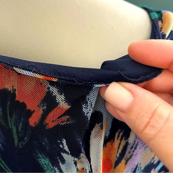 Enfocus Studio Blue Floral Sheer Mesh Overlay Cowl Neck Dress 1/2 Sleeve Size 14 - Picture 6 of 7